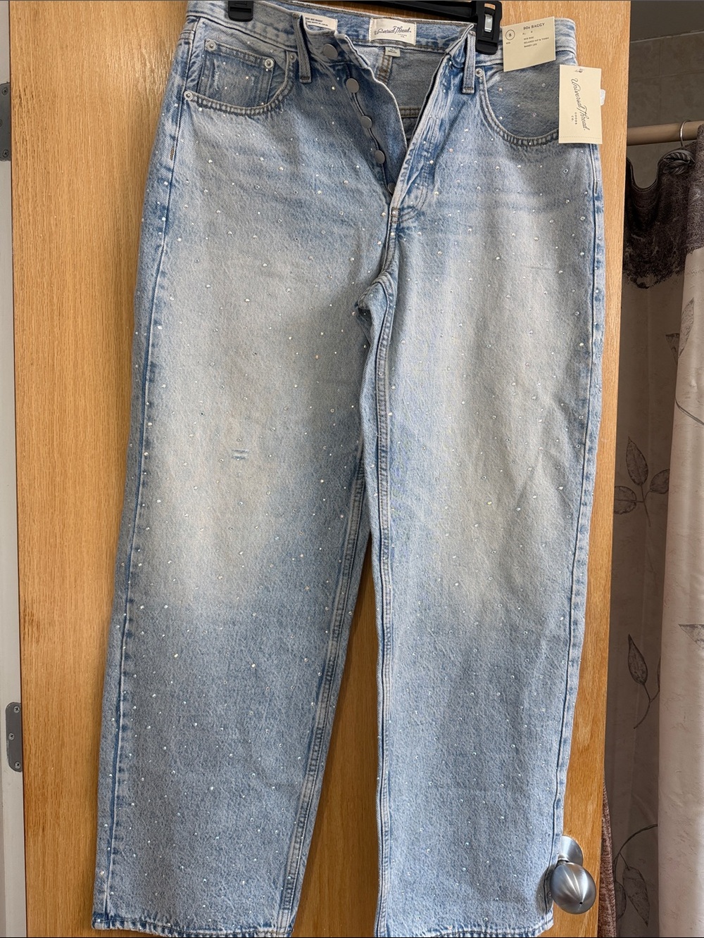 Universal Thread Light Wash Straight Jeans with Crystal Stud Accents
